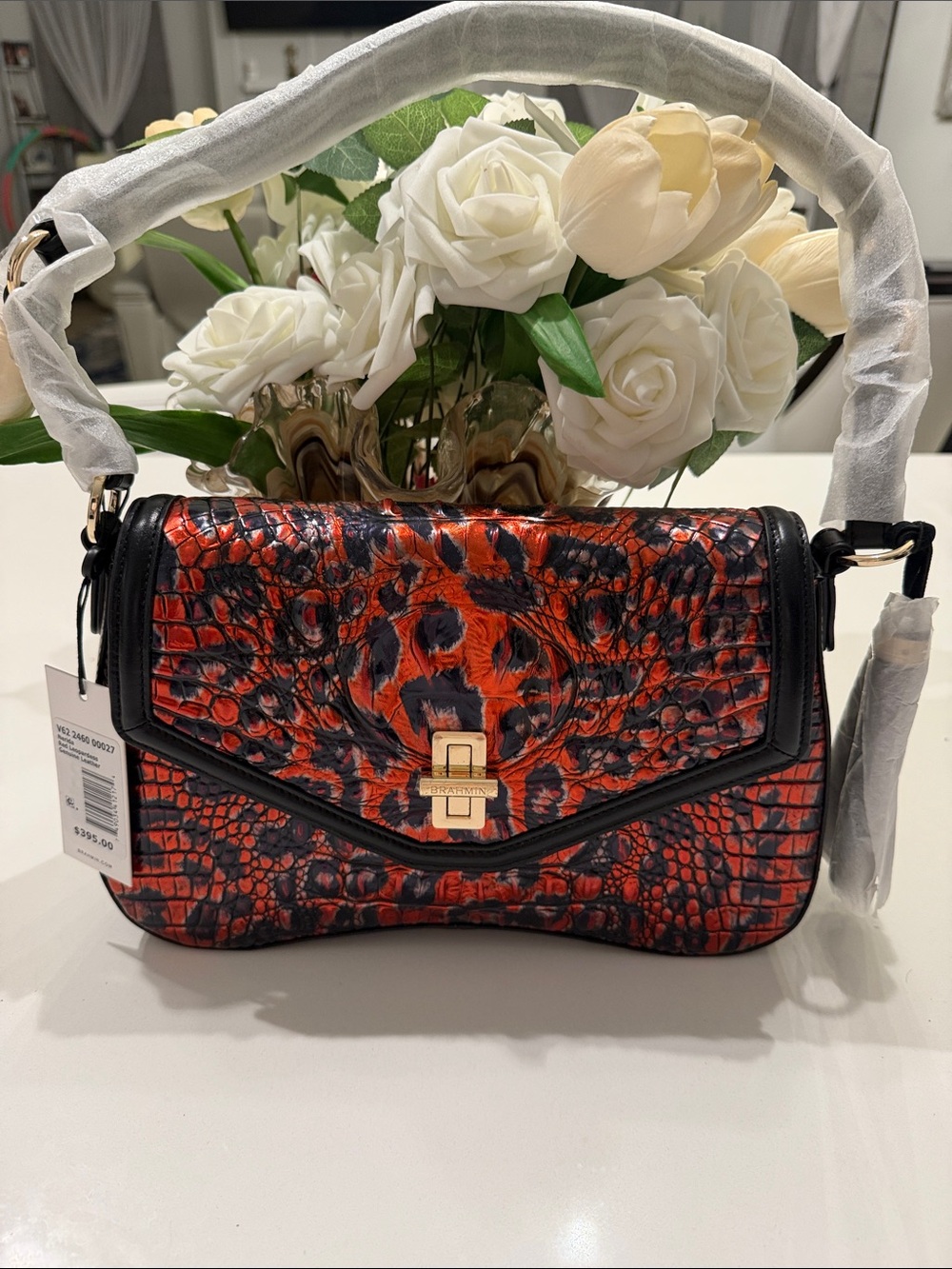 New Brahmin Nerida Red Leopardess Textured Shoulder Bag with Gold Hardware
